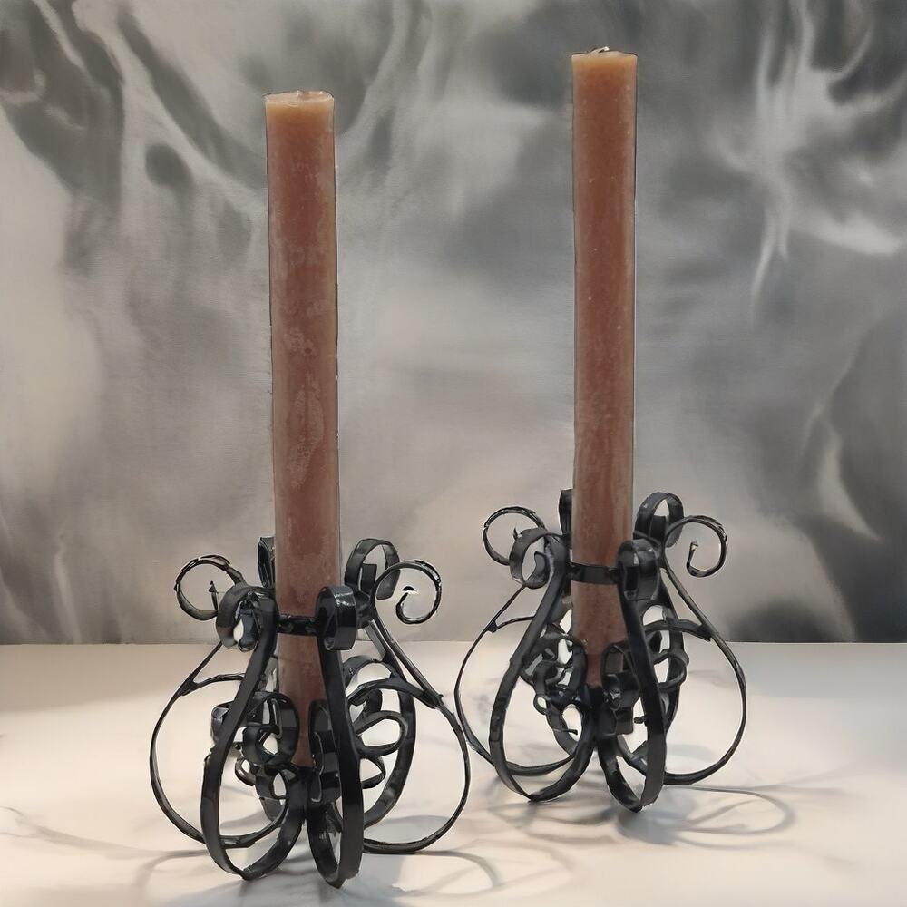 Gothic Black Metal Scroll Candlestick Holders Pair Vintage Spanish Revival